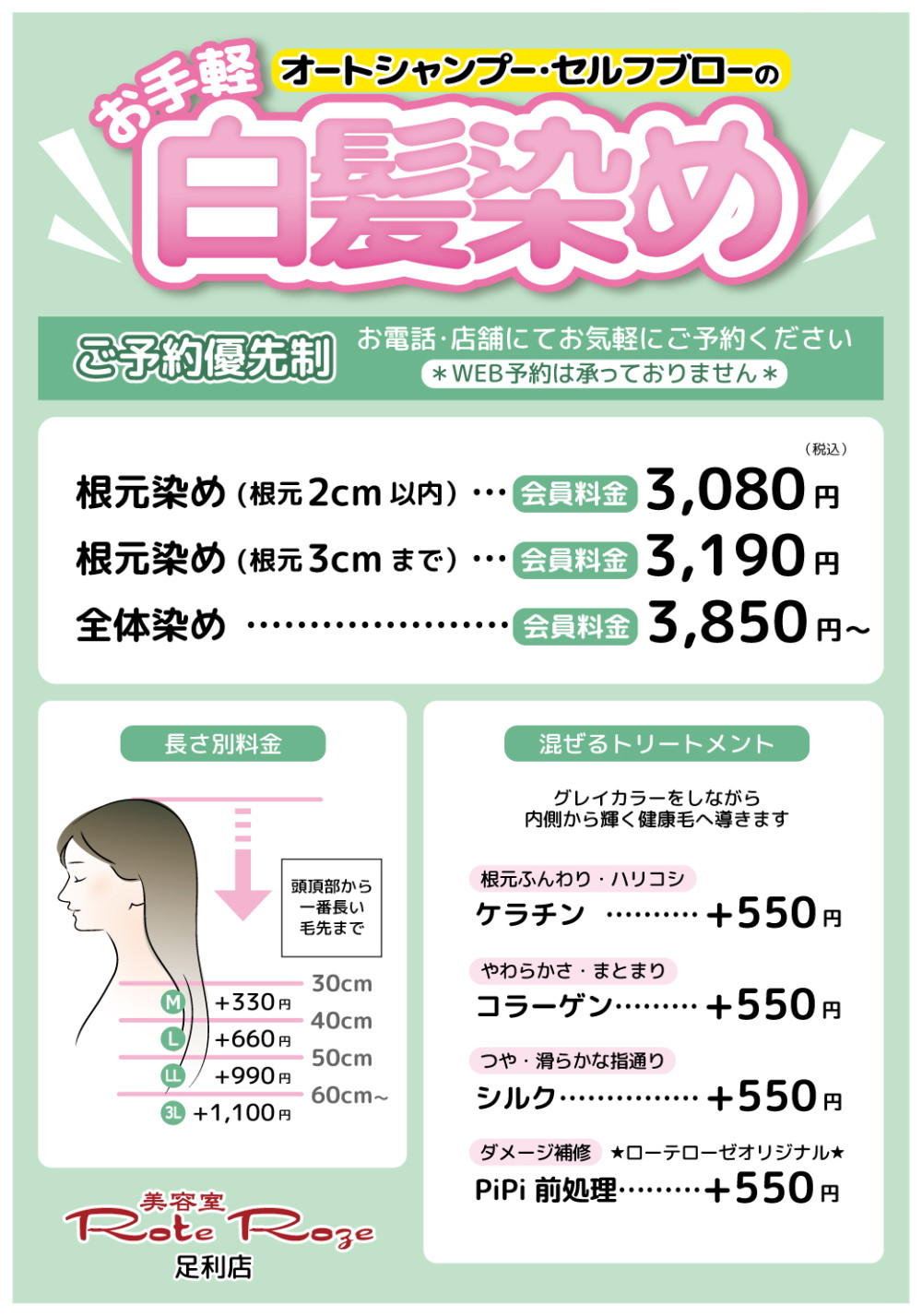 オートシャンプーセルフブローの白髪染め 料金改定しております。