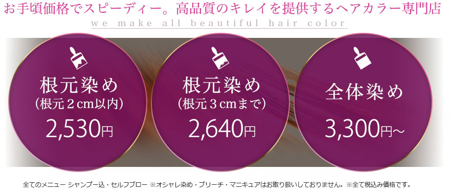 お手頃価格でスピーディー。高品質のキレイを提供するヘアカラー専門店。根元染め（根元2cm以内）、根元染め（根元3cmまで）、全体染め
